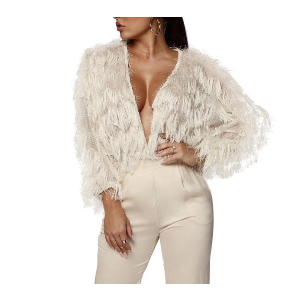 Feather Fringe Cream Sweater SM